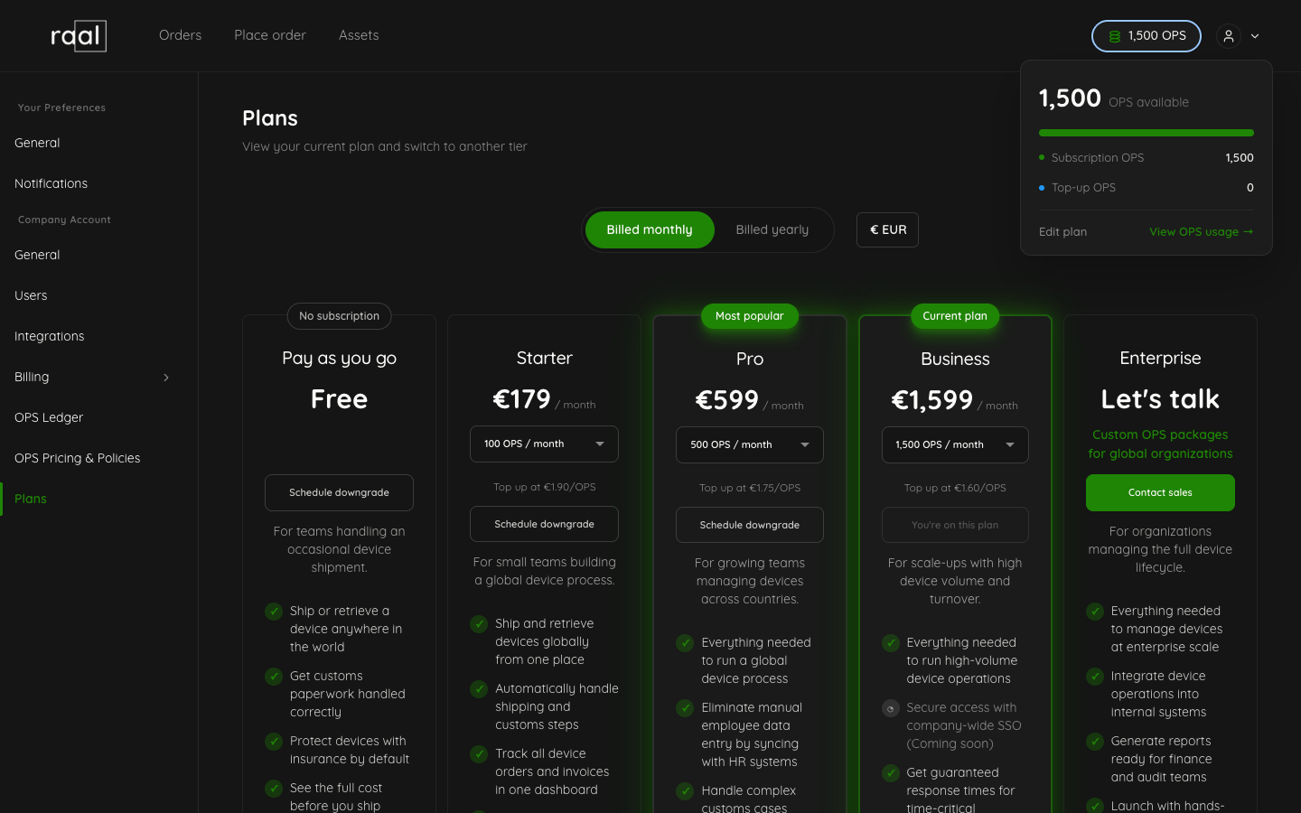 OPS balance popover showing subscription OPS and top-up OPS