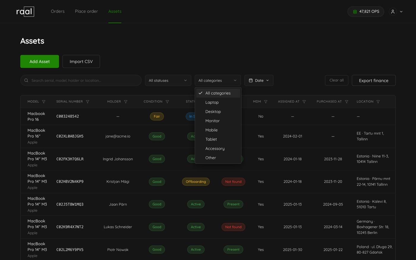 The category filter open, listing Laptop, Desktop, Monitor, Mobile, Tablet, Accessory and Other