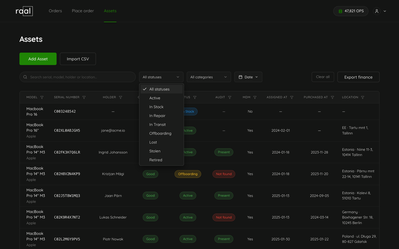 The status filter open, listing Active, In stock, In repair, In transit, Offboarding, Lost, Stolen and Retired
