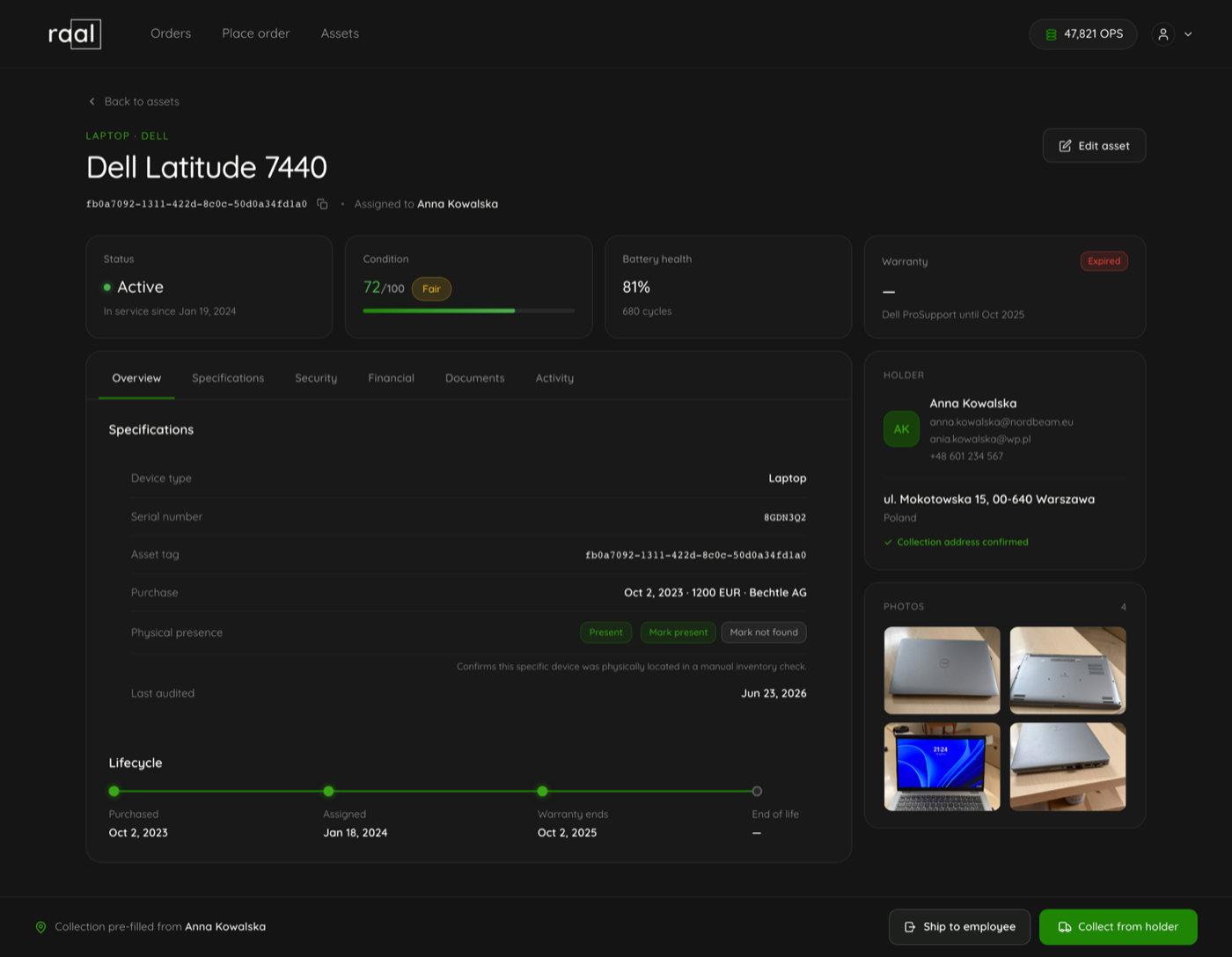 The asset detail page with the ship to employee and collect from holder buttons in the footer bar