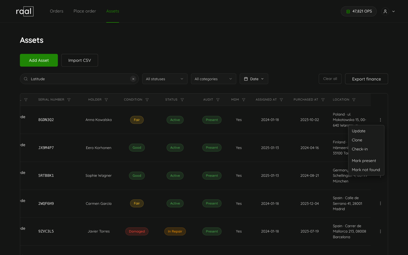 The row actions menu open on an asset row showing Update, Clone, Check-in, Mark present and Mark not found