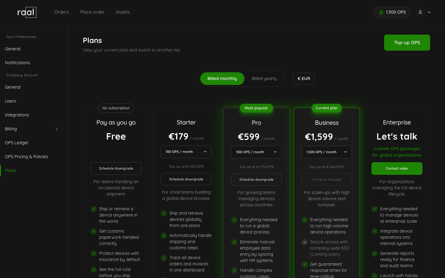 Plans page showing Pay as you go, Starter, Pro, Business and Enterprise