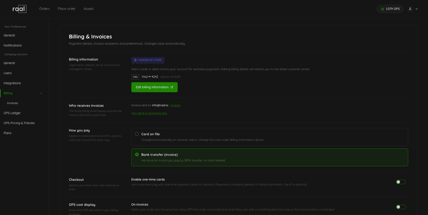 The Billing page in the Raal customer portal