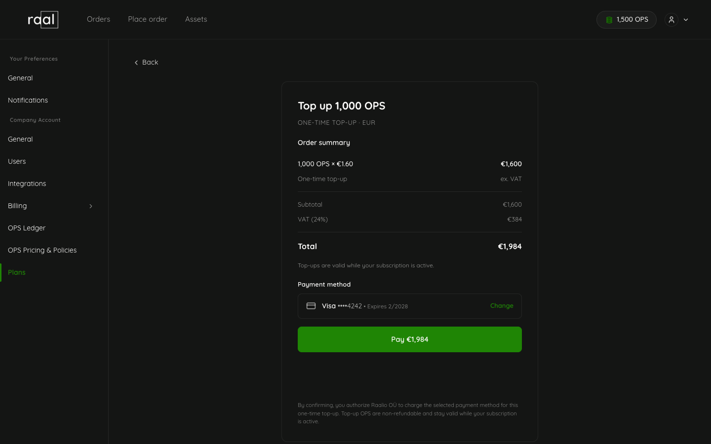 Top-up checkout showing OPS, VAT and total