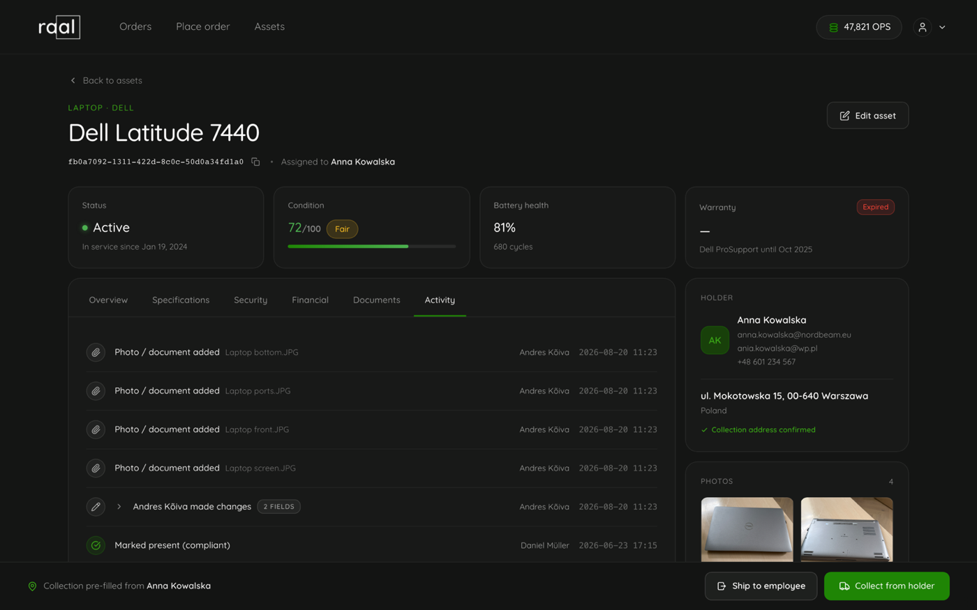 The Activity tab on a device showing dated entries with who made each change