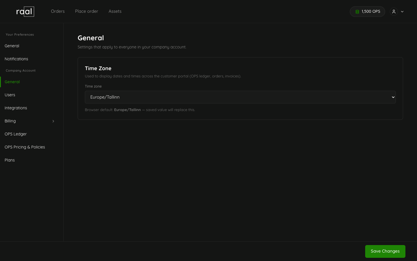 Company Account General page with the time zone selector