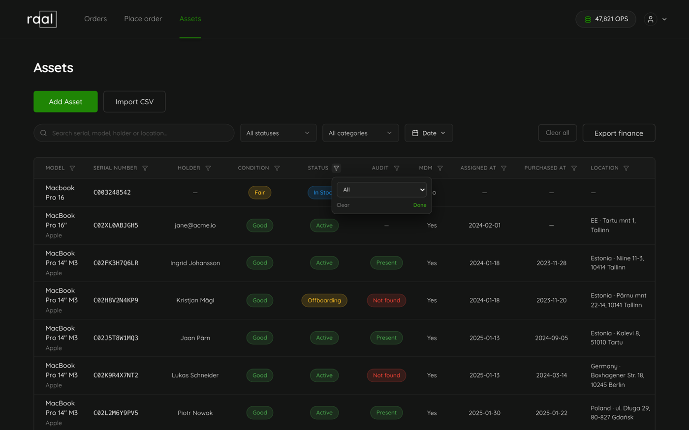 A per column filter popover open on the Status column with a dropdown and Clear and Done buttons
