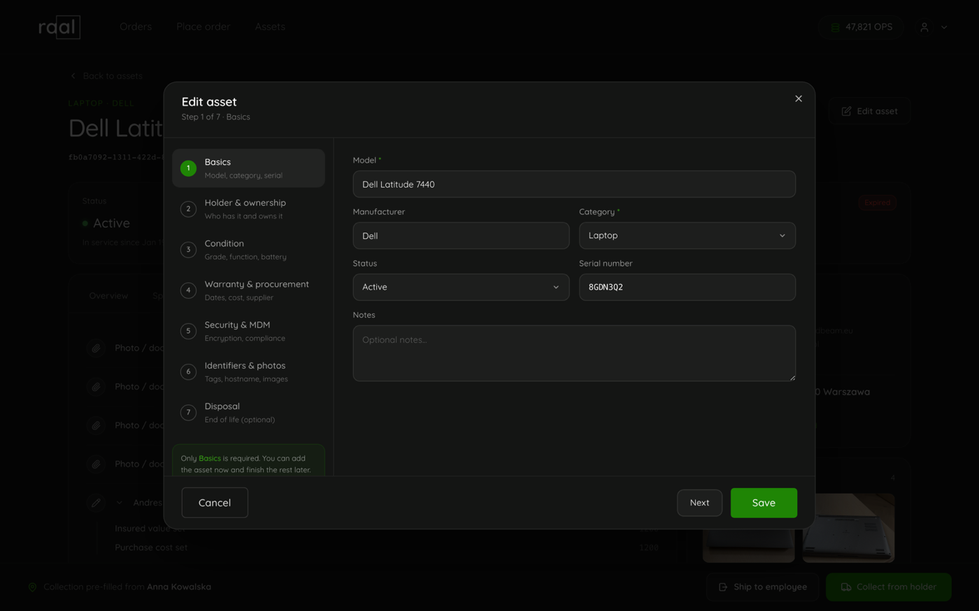The Edit asset wizard on step 1 with the model, manufacturer, category and serial number already filled in