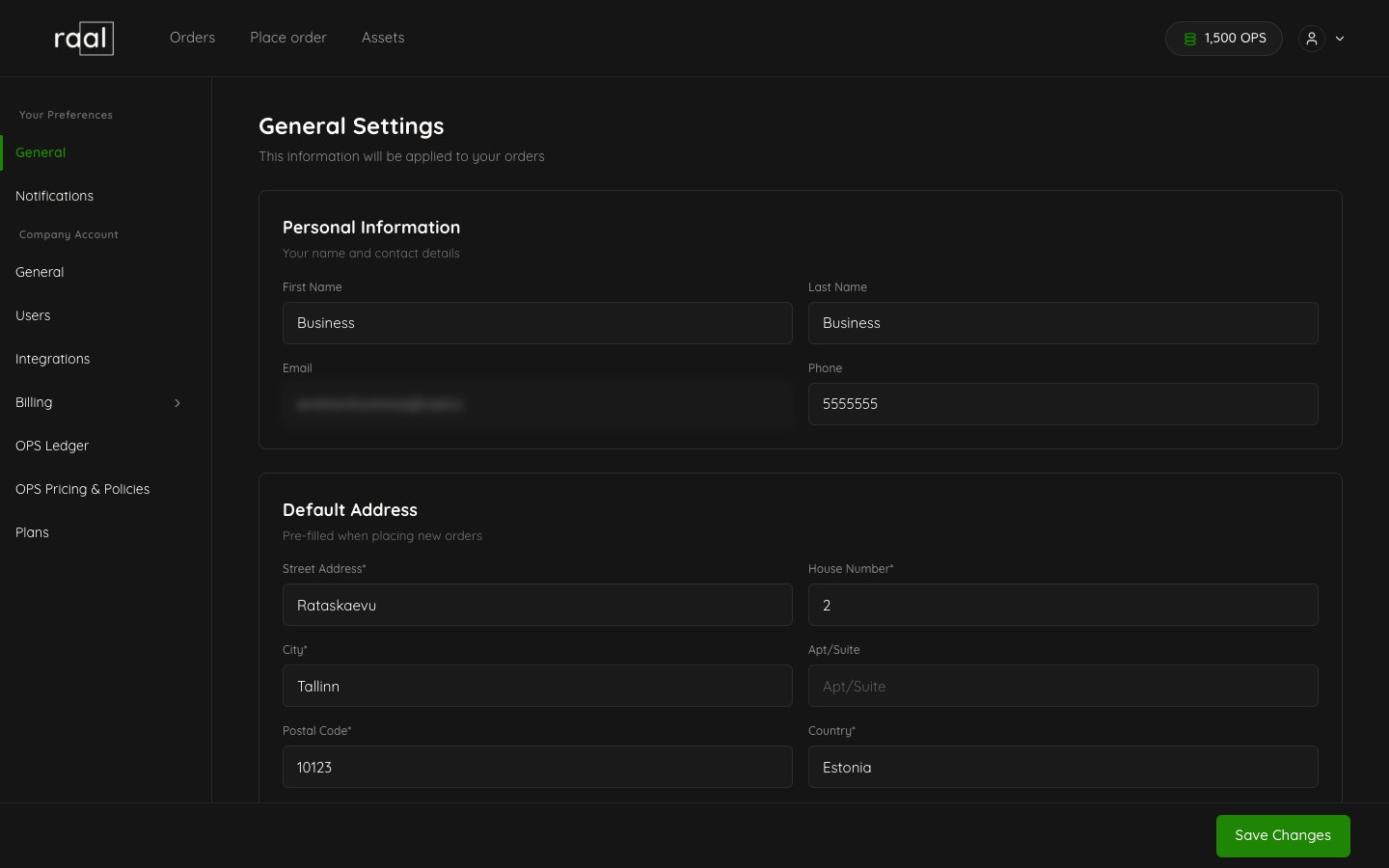 General Settings page with Personal Information and Default Address sections