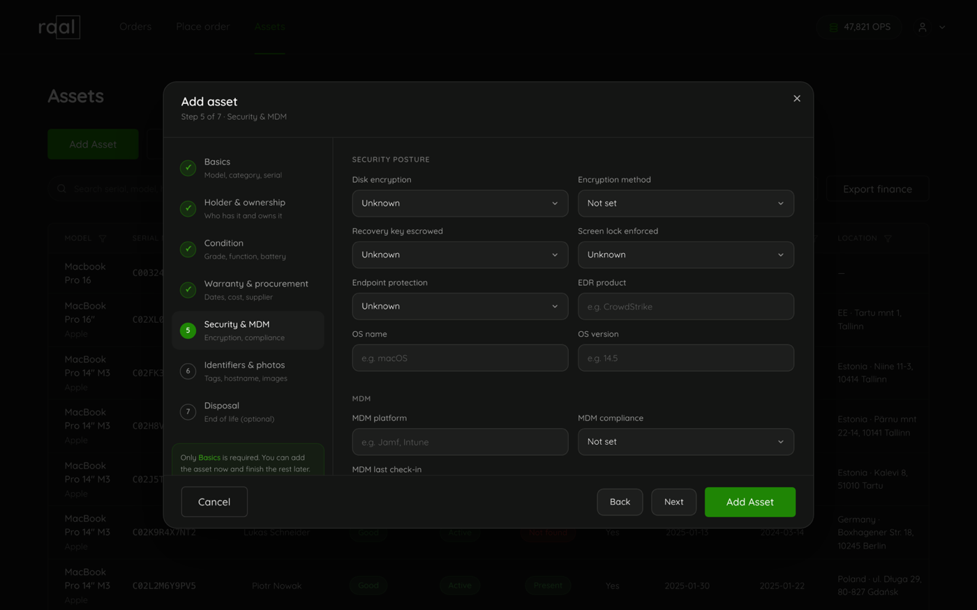 Step 5 of the wizard, Security and MDM, with encryption, recovery key, screen lock and compliance fields