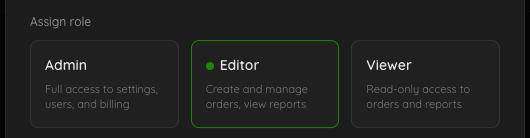 Assign role cards for Admin, Editor and Viewer with their descriptions