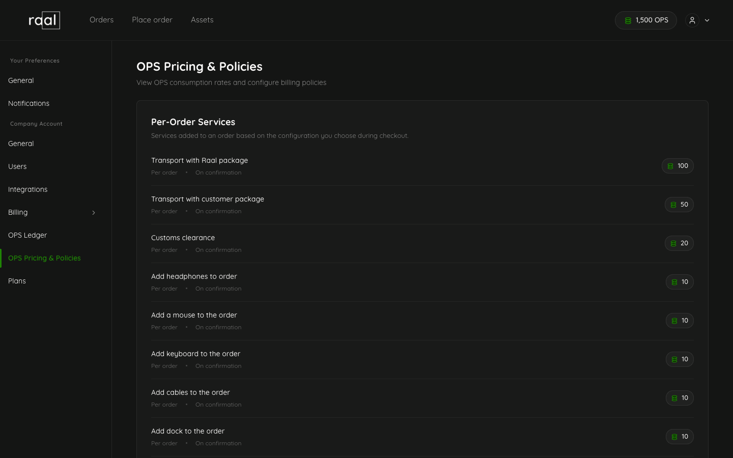 OPS Pricing and Policies page listing per-order OPS rates