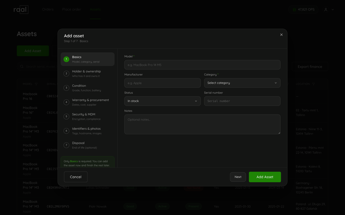 Step 1 of the Add asset wizard showing the model, manufacturer, category, status, serial number and notes fields