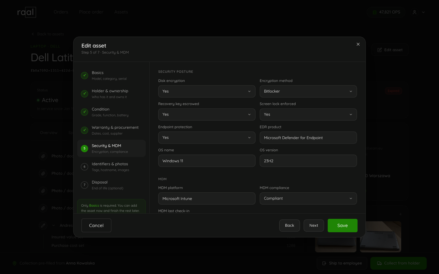 The Edit asset wizard on step 5, Security and MDM, with encryption and compliance values already set