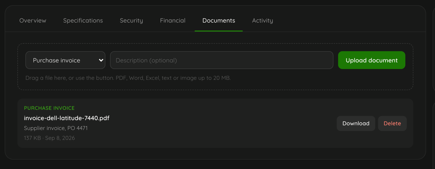 The Documents tab on a device with a purchase invoice attached, listing its type, filename, description, size and date with Download and Delete buttons