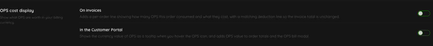 The OPS cost display switches for invoices and for the portal
