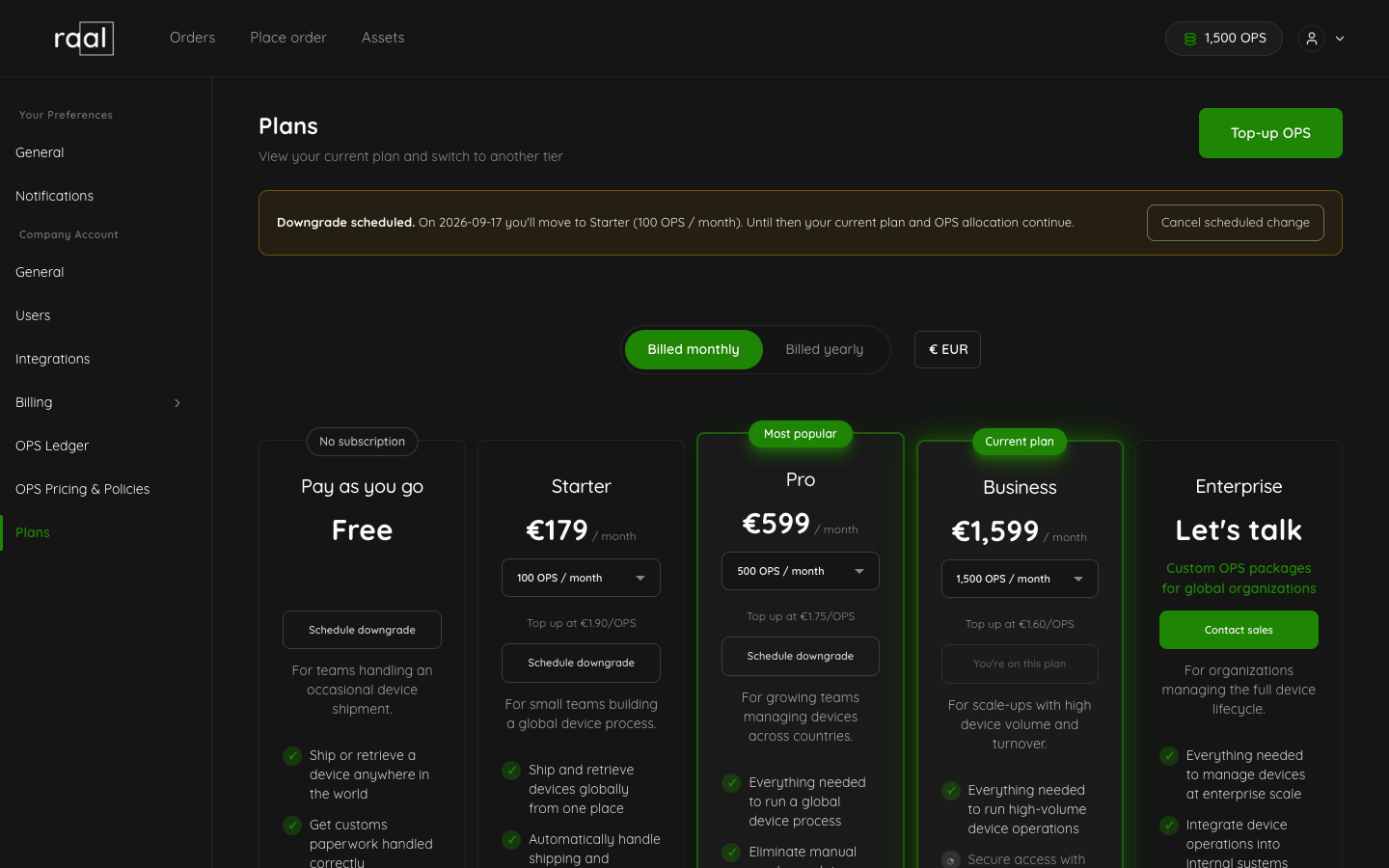 Plans page with a Downgrade scheduled banner and a Cancel scheduled change button