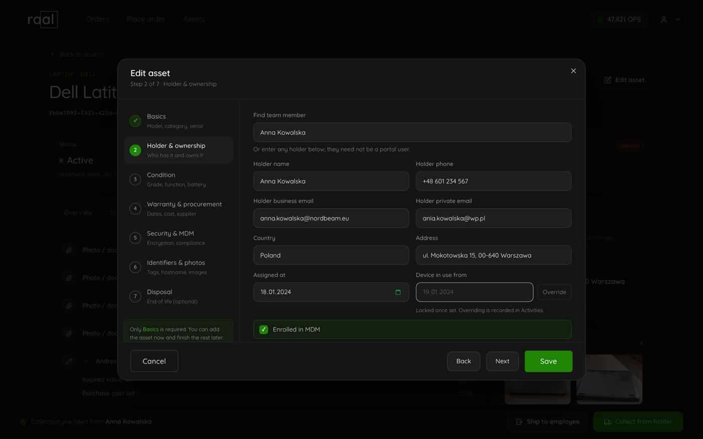 The Edit asset wizard on step 2 with the holder fields already filled in