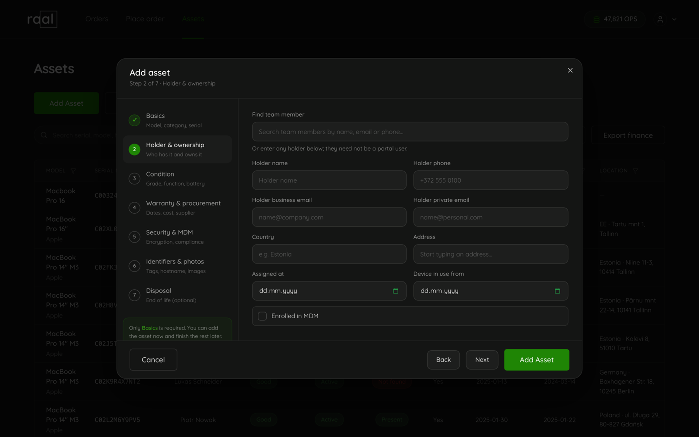 Step 2 of the Add asset wizard showing the find team member search above the holder name, phone and email fields