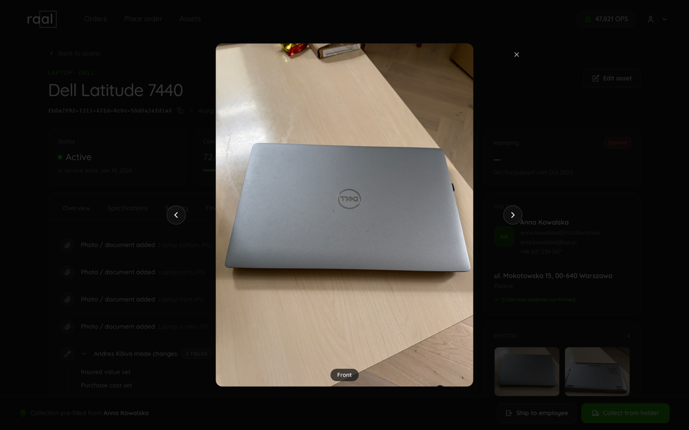 The photo viewer open on a device showing the front photo full size with previous and next controls