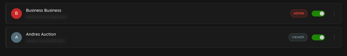 Two user rows, each with a role badge, an active toggle and a three dot button
