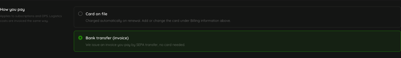 The How you pay setting, with Card on file and Bank transfer (invoice)