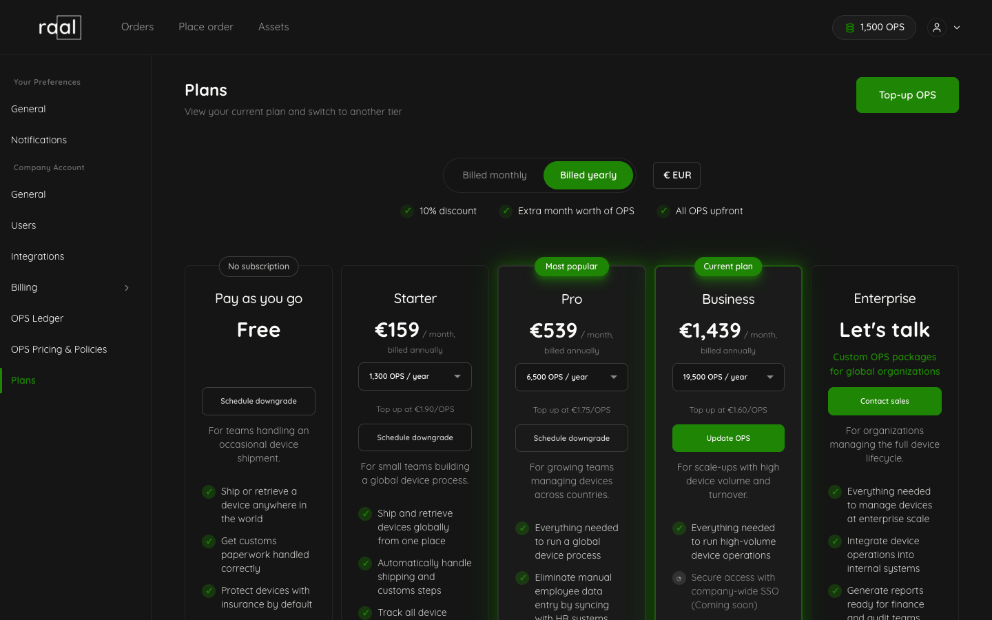 Plans page with Billed yearly selected, showing the annual benefits