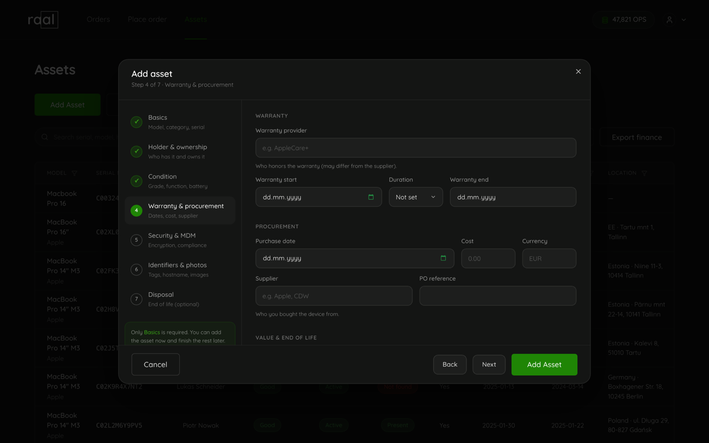Step 4 of the wizard, Warranty and procurement, with warranty dates, purchase cost, currency and supplier